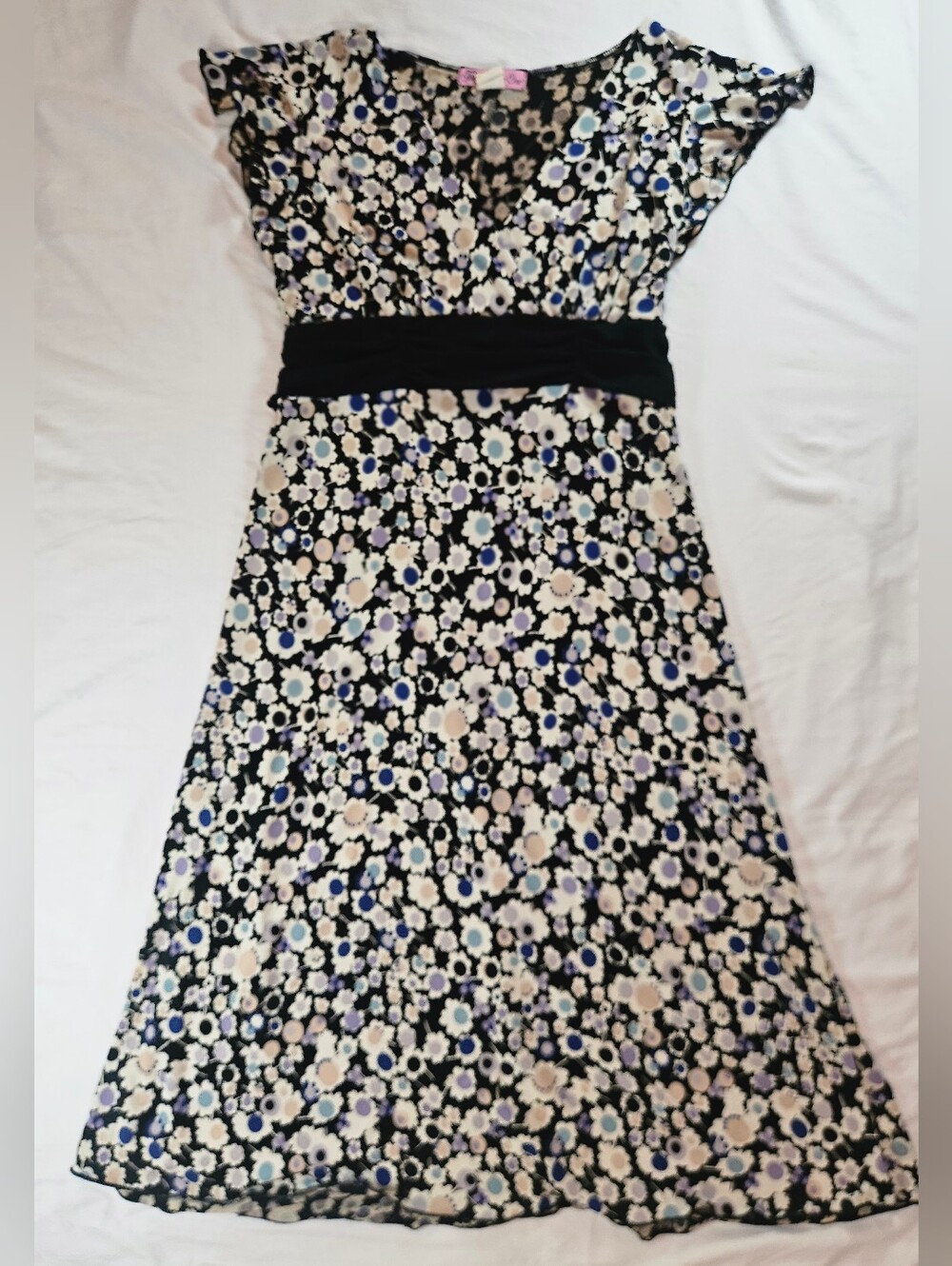 Volume One Womens Black & Multicolor Floral Short Flutter Sleeve Dress Size L